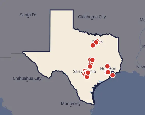 Map of card shows in Texas